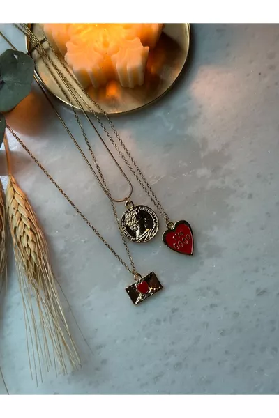 L Kararmaz Stainless Steel Gold-Plated Medallion/Letter Envelope Triple Necklace Set