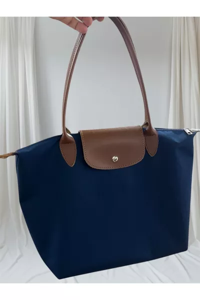 Foldable Zippered Large Navy and Tan Women's Hand and Shoulder Bag