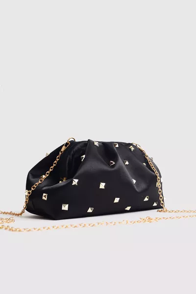 Black Satin Clutch Evening Bag with Gold Stones