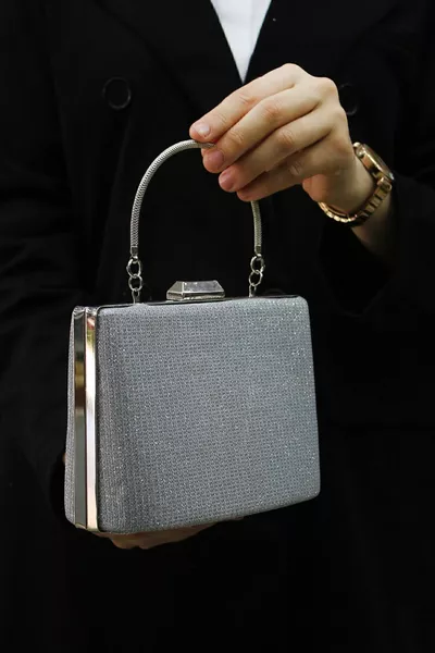 Women's Silver Glitter Evening Dress, Clutch Night Bag