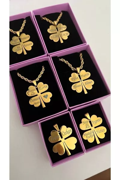 Висулка детелина с име Çelik, верига с усукано колие детелина, не потъмнява, с дървена кутия