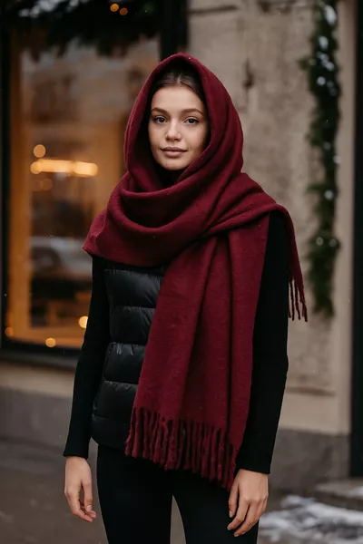 Women's Maroon Plain Tassel Scarf Shawl  cm 
