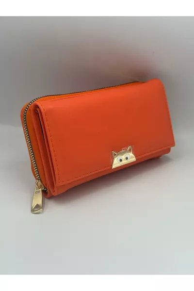 محفظة كبيرة أنيقة وعالية الجودة للنساء مع تفاصيل قطة برتقالية وعدة جيوب