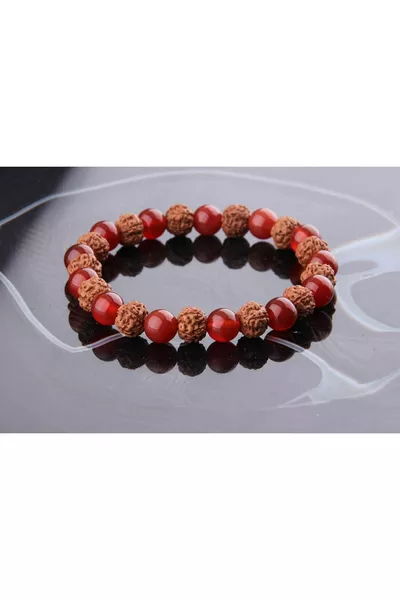 Sertifikalı Akik - Rudrashka Tohum Doğal Taş Bileklik 8 Mm - 