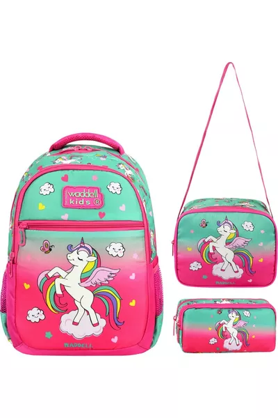 Licensed Mint Green-Fuchsia Unicorn Pattern Girls' Primary School Backpack, Lunch Bag, and Pencil Case