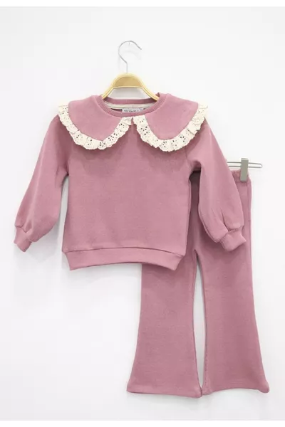 Rose Dust Ribbed Vintage Collar Sweatshirt & Flared Pants 2-Piece Girls' Set