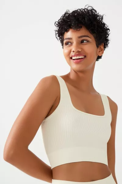 Women's Ecru Ribbed Square Neck Strappy Crop Top Bustier