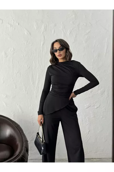 Asymmetrical Long-Sleeve Blouse and Pants Set