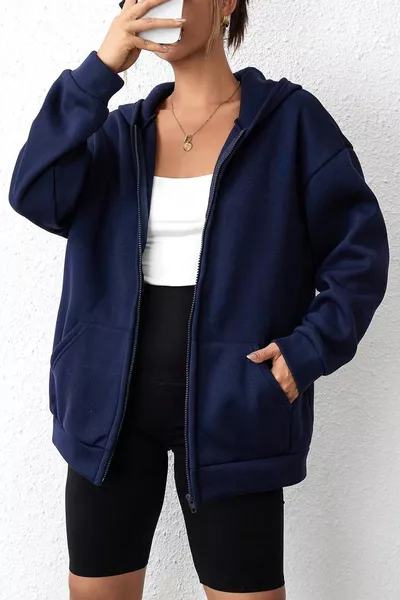 كنزة سميكة بألوان موحدة كحلي للجنسين بغطاء للرأس وتناسب واسع