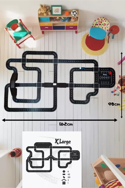 Играчка състезателна писта за коли, автомобилна писта (X-LARGE) - Образователен пътен комплект дървена играчка - Магистрален пъзел