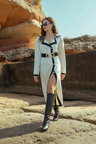 abito in maglia donna, invernale, con collo maschile, con bordo