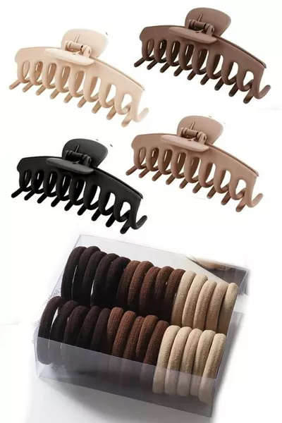 طقم مشابك شعر نسائية XL مكون من 4 قطع +  رباط شعر بني