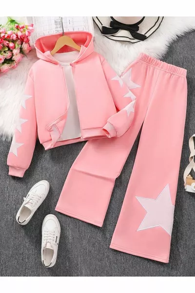 Trendy Girls Solid Color Star Embroidered Hooded Sweatshirt Set 2-Piece Top and Bottom