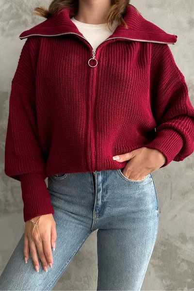 كارديغان محبوك بأزرار وسحّاب وياقة مطوية باللون الكستنائي