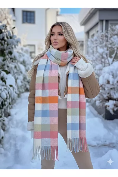 Rosa kariertes Tuch mit Fransen, dick, warm haltend, stilvoller Winterschal 