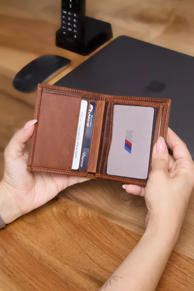 محفظة جلدية رجالية رأسية حقيقية  بتأثير قديم