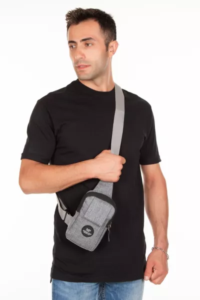Erkek Keten Kumaş Belgrat Telefon Bölmeli Çapraz Göğüs ve Omuz Çantası - Gri