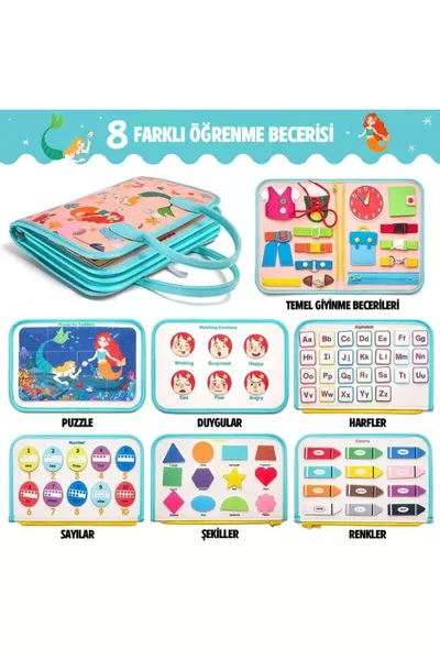 حقيبة تعليمية من الفرو مونتيسوري للأميرات باللون الوردي | لوحة مشغولة مع 8 أنشطة لتطوير المهارات الحركية