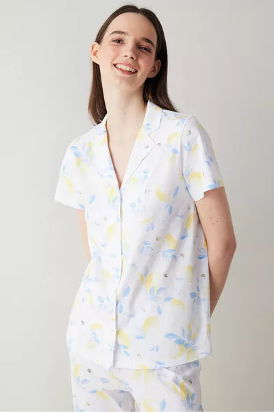 Lemon Printed White Button Down Shirt Pajama Set