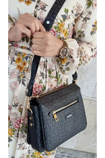 Kadın Siyah 6 Bölmeli Çapraz Çanta Omuz Çantası Monogram 