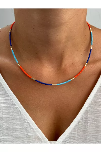 Renkli Boncuklu Gold Detaylı Kolye | Yazlık Kolye | Turuncu Kolye | Mavi Kolye | Ince Zarif Kolye