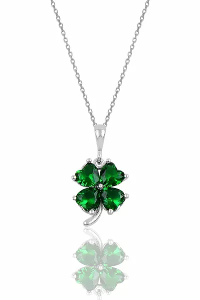 Silver Emerald-Colored Stone Clover Pendant Necklace YSL Classic