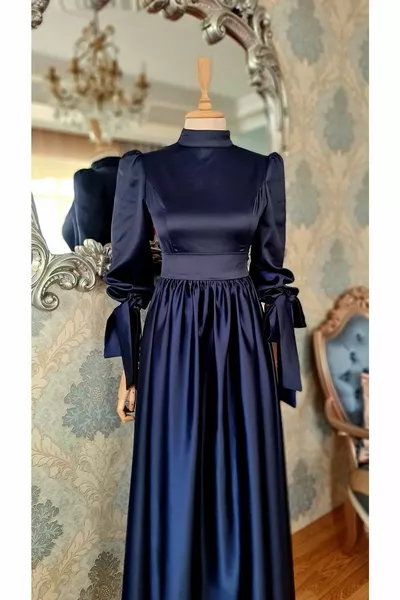 Marineblauw satijn, geregen mouwen, trekkoord in de taille, belofte, verloving, eenvoudige hijab avondjurken voor bruiloft