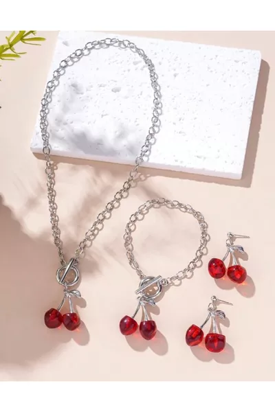 طقم نسائي مكون من عقد وسوار وأقراط مع كرز فضي