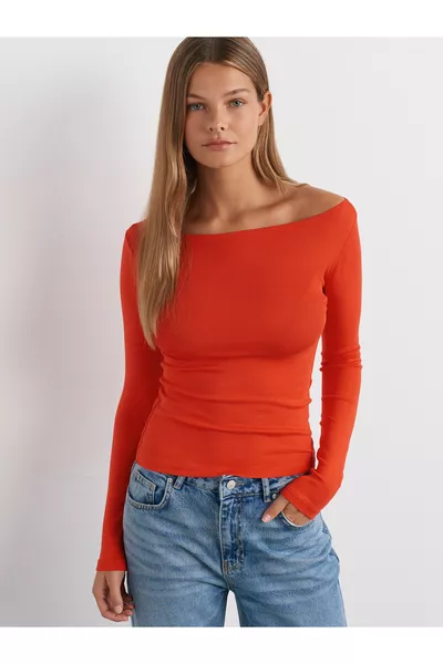  Boothals Lange Mouwen Top-Rood