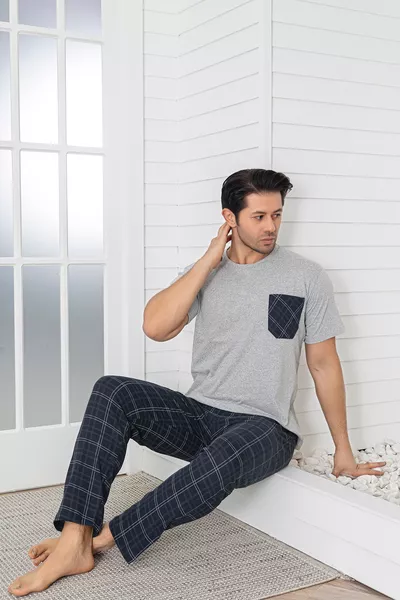 Heren Pyjama Set met Geruit Patroon en Korte Mouwen