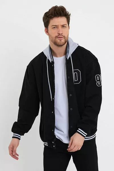 Мужская сезонная удобная и стильная черная джинсовая куртка с капюшоном в стиле колледж