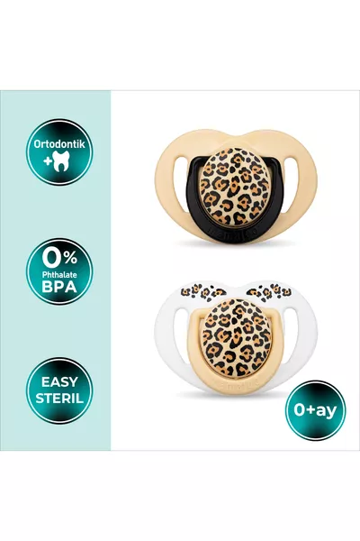 Succhietto Ortodontico con Piatto, Beige Leopardo, 0 Mesi, Con Scatola per Conservazione e Sterilizzazione, Set Doppio