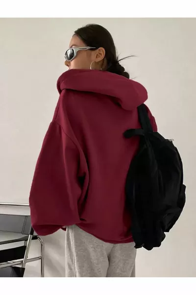 Burgundy Solid Zip-Up Hooded Unisex Cardigan