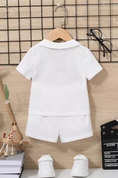 Waffel-Strick V-Ausschnitt Baumwoll Sommer Baby Kinder Shorts-Set - Weiß