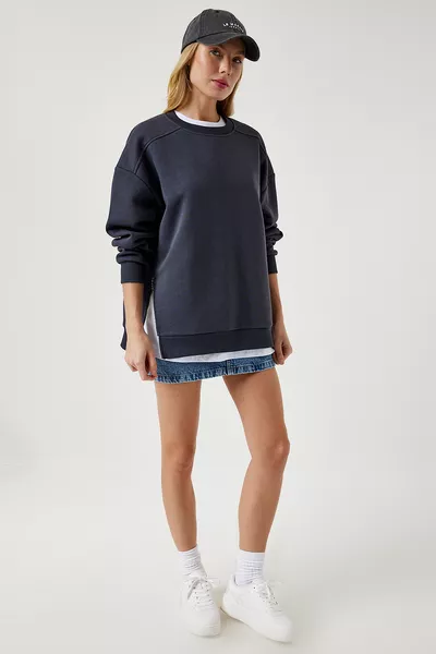 سويت شيرت نسائي منسوج بالشاردونيه بلون أنثراسيت مع تفاصيل سحاب 