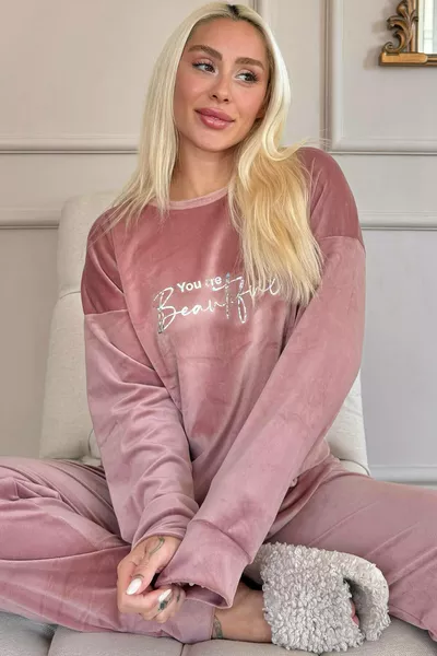 Pink Beautiful Patterned Exclusive Velvet Women's Pajama Set