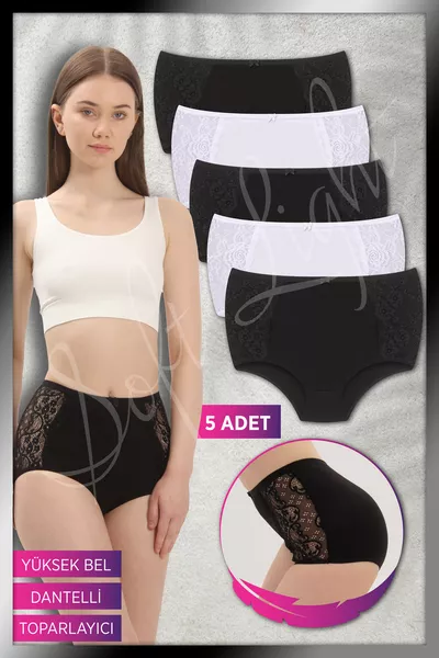 Dames Slip Hoge Taille Corrigerend Kant Katoenen Zwarte en Witte Slip 5-pack