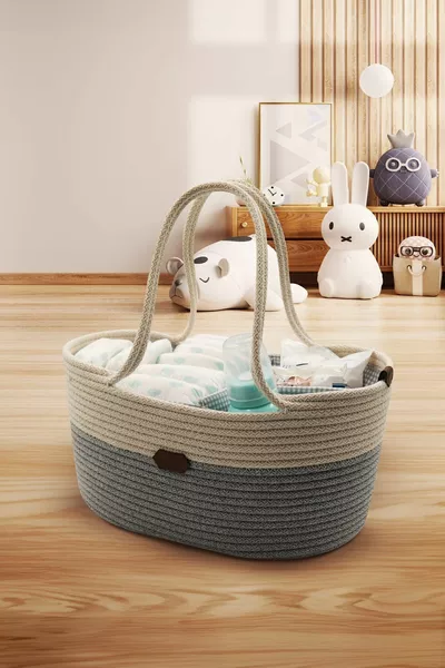 Голяма сива чанта за грижа за бебето от юта с кошница за майка и бебе, комплект органайзер за майка и бебе