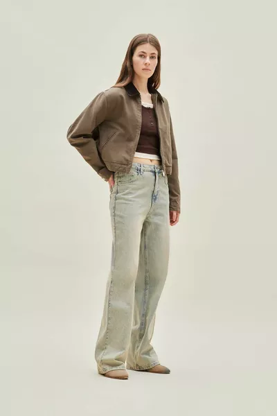 سترة جاكيت قطنية موسمياً بأكمام عادية، وياقة متباينة بسحاب، جيوب أمامية، موديل أساسي SP