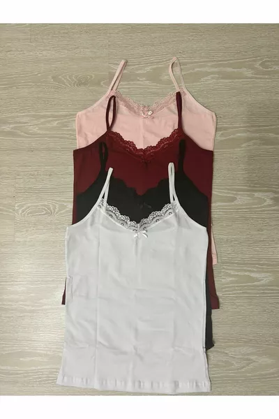 Canottiera da donna con spalline, in cotone elasticizzato, con pizzo, confezione da 4