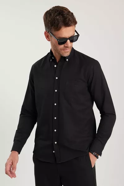 Men's Regular Fit Classic Cut Oxford Texture Collar Buttoned Pocket Embroidered Black Shirt