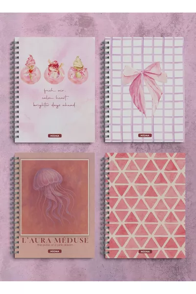  Spiral School Notebook  Sheets 4-Pack Pink Theme 2 Lined - 2 Grid Notebooks, Notebook