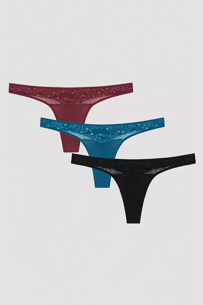 Dark Tones Lace Detailed 3-Piece Thong Set