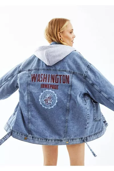 Women's Denim Jacket Washington Patterned Hooded Jean Light Blue