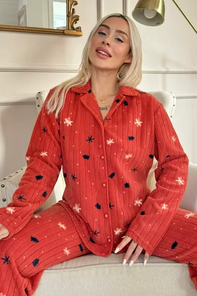 Tile Red Pine Pattern Front-Button Plush Fleece Pajama Set