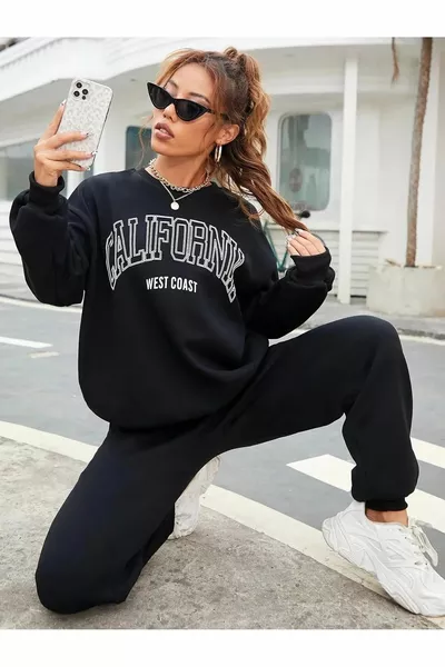 Черно спортно горнище и панталон с принт California West Coast, оувърсайз, с ластик на крачолите