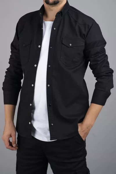 قميص جينز رجالي قطني بقصة ضيقة أسود