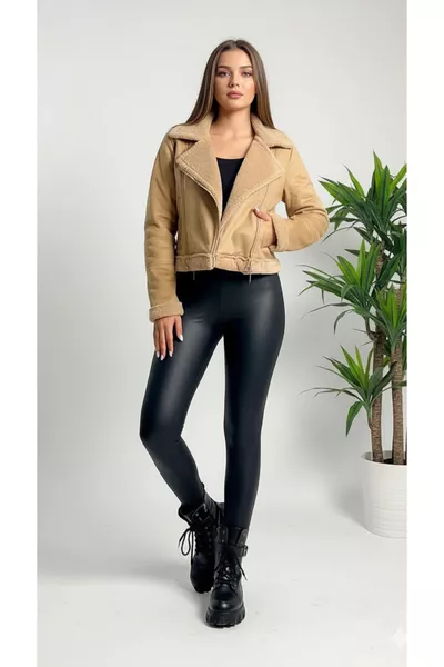 Damen Hohe Taille Lederleggings mit Futter aus schwarzem Sherpa und Wolle, Vollständig Geschnitten, Elastisch