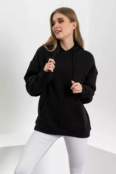 Zwart plat kangoeroe-sweatshirt met capuchon en zakken