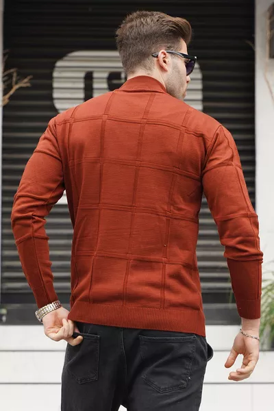 سترة صوف برقبة صينية لون قرميدي 